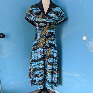 Unique Vintage Black and Blue Tropical Print Midi Dress